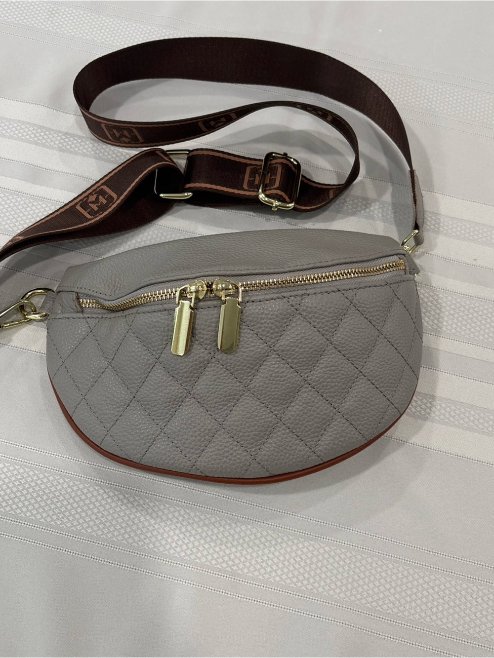 ESLCORRI Gray Quilted Leather Crossbody Belt Bag with Branded Strap
